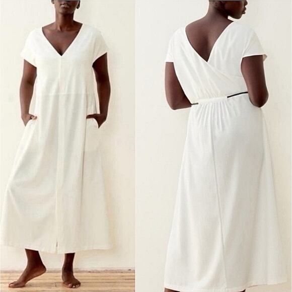Aday Midi Dress sz S Women Super Swish Ivory Surplice Neck Rope Belt‎ Minimalist - Picture 2 of 15